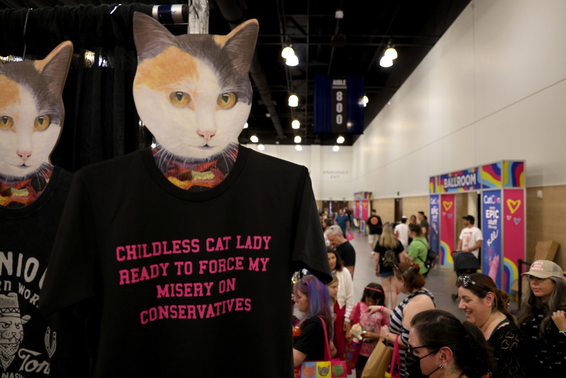 a cardboard cutout cat appears to wear a black t-shit with the wods "Childless cat lady ready to force my misery on conservatives"