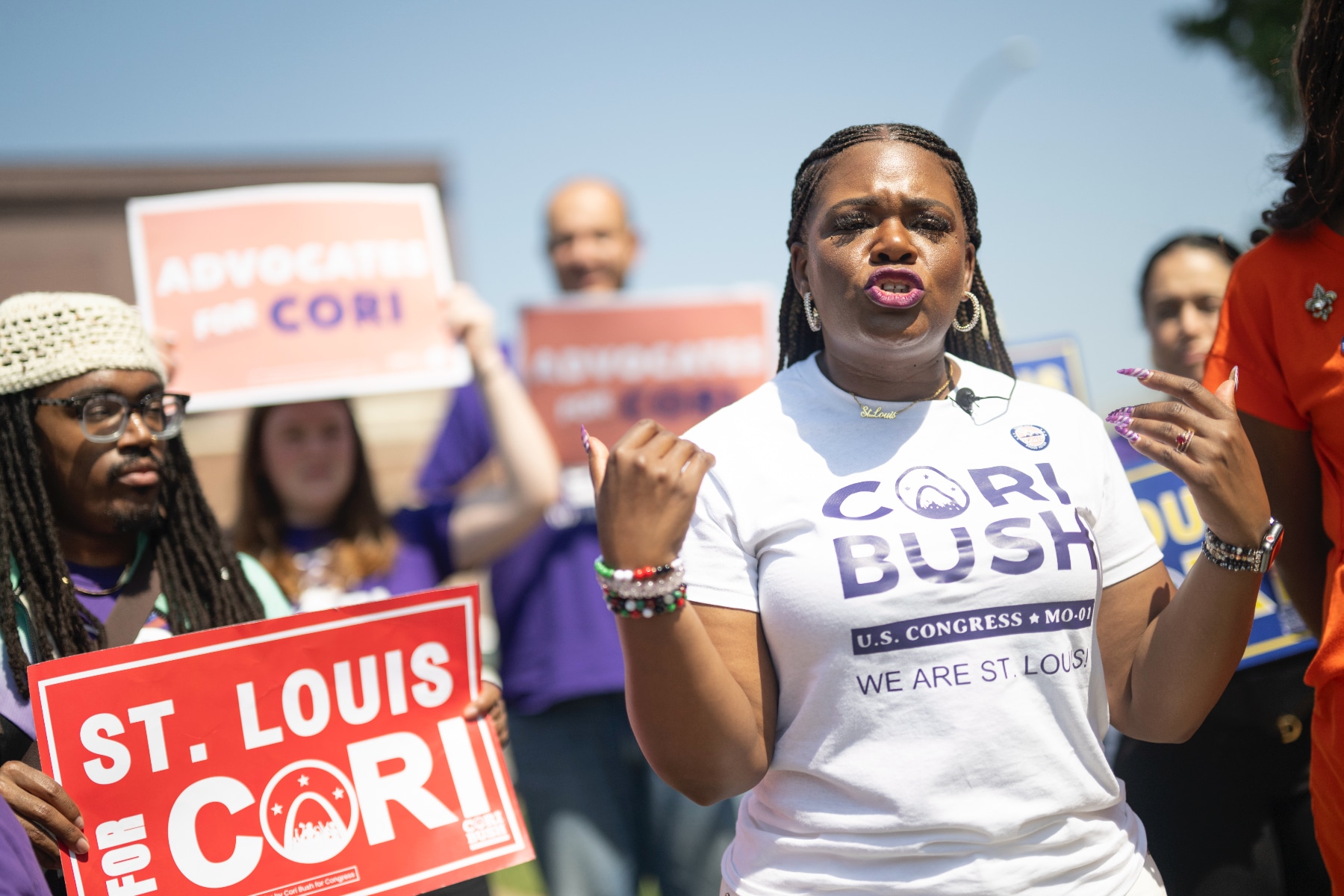 Rep. Cori Bush greets voters during a visit at Carondolet Branch Library on August 6, 2024, in St Louis, Missouri.