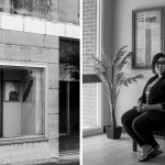 A black-and-white split image. On the left side is a photograph of a weathered building with a display window showing framed images of a bald eagle and an American flag. The right side shows a woman sitting on a chair inside a modern building, in front of a window and a bulletin board with notices. She is wearing glasses, a blazer, and sandals, and is looking directly at the camera.