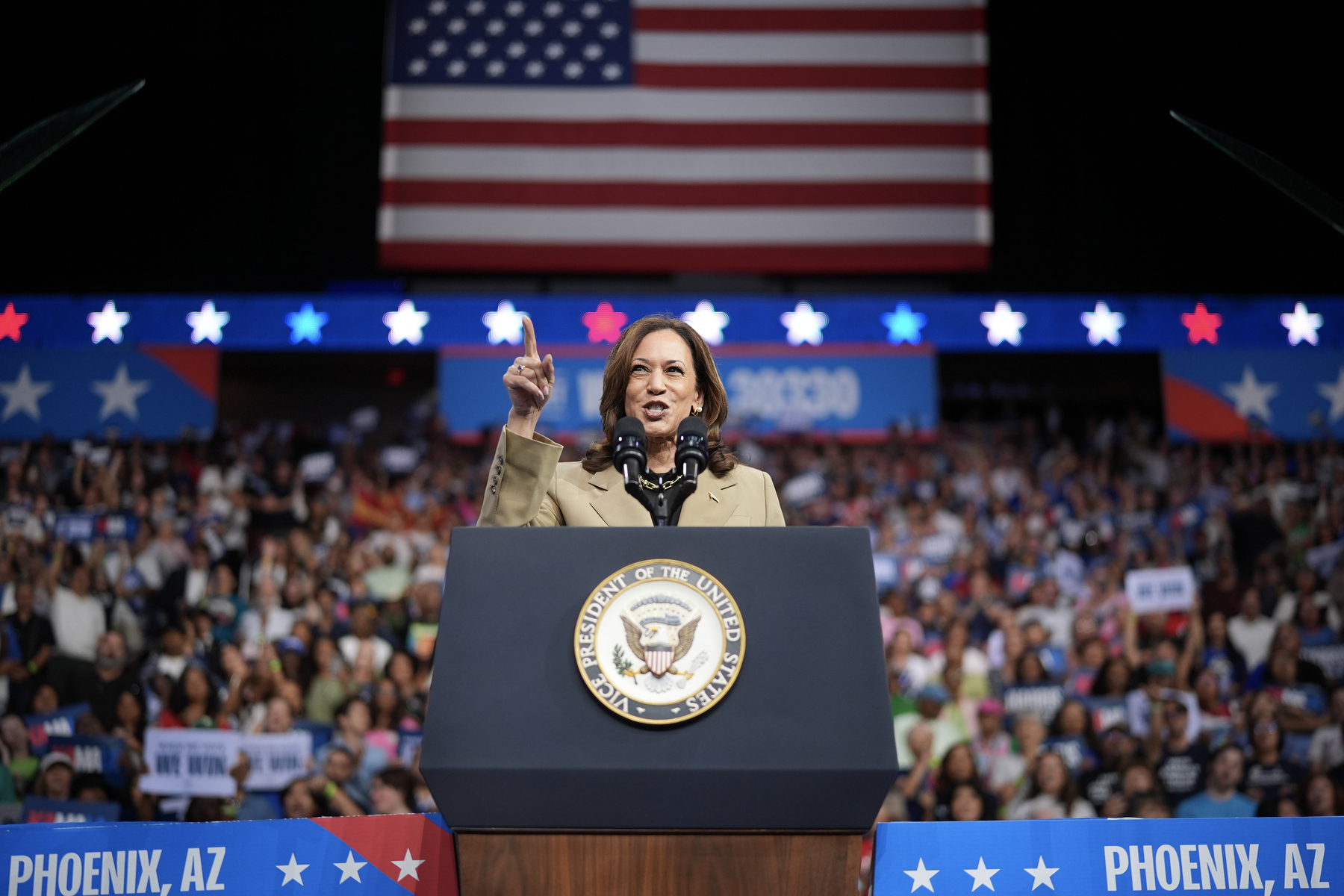 Democratic presidential candidate, U.S. Vice President Kamala Harris speaks at a campaign rally.