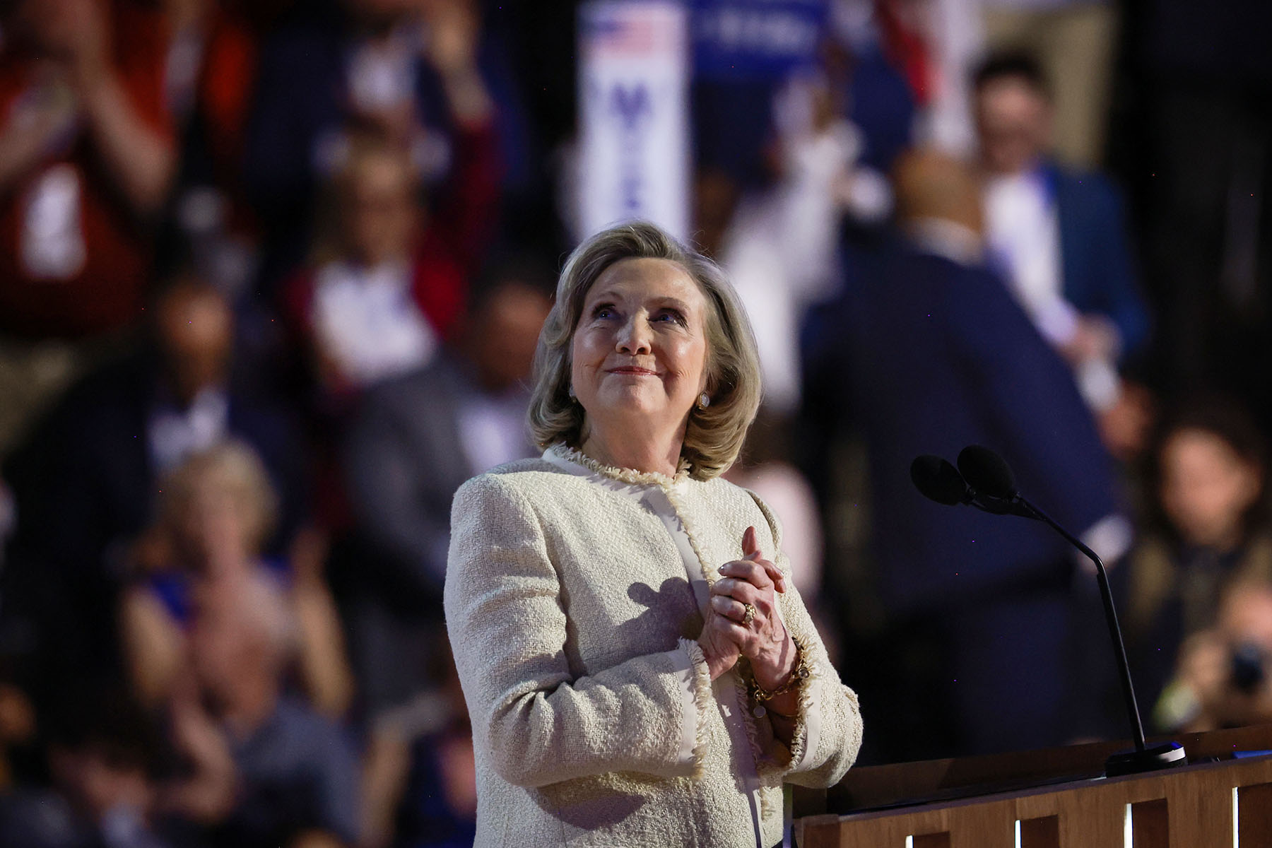 Former U.S. Secretary of State Hillary Clinton speaks onstage during the first day of the Democratic National Convention.