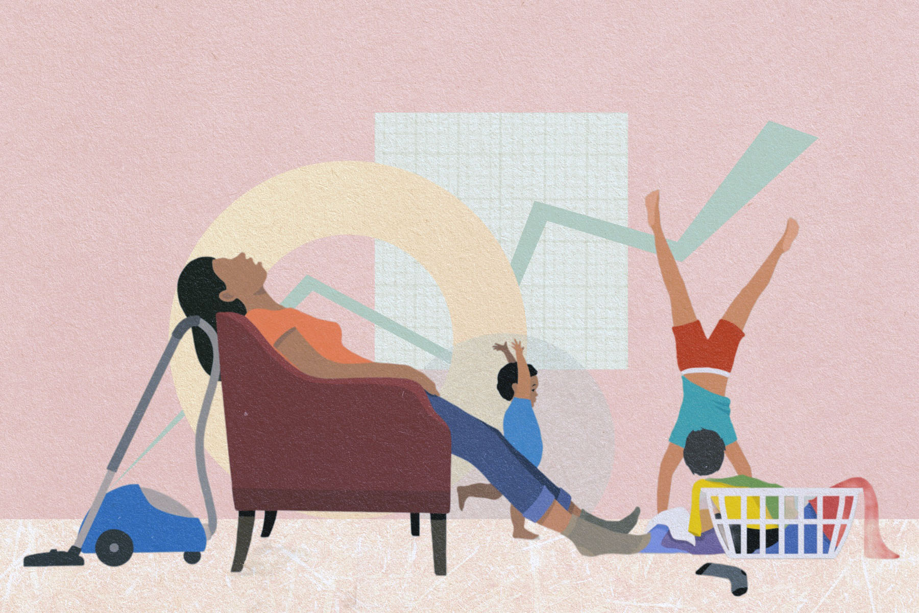 Illustration of an exhausted mother sitting on a chair while her kids play around her. A laundry basket is to her right, and a vacuum is to her left."