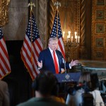 Donald Trump speaks during a press conference at his Mar-a-Lago estate.