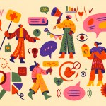 A colorful illustration featuring Latinx workers helping New Jersey's Latinx immigrants understand their reproductive rights. Pictured in this illustration are medical professionals, data elements and reproductive iconography.