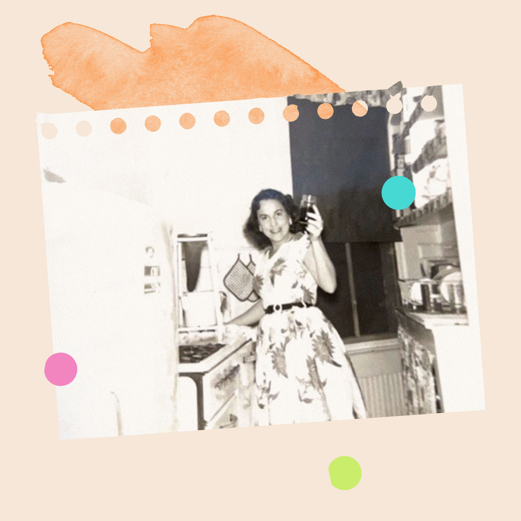 A photo collage of a beautifully dressed woman. She's smiling. She's wearing a 1950's belted dress standing in the kitchen. Her arm is outstretched holding up a beverage.