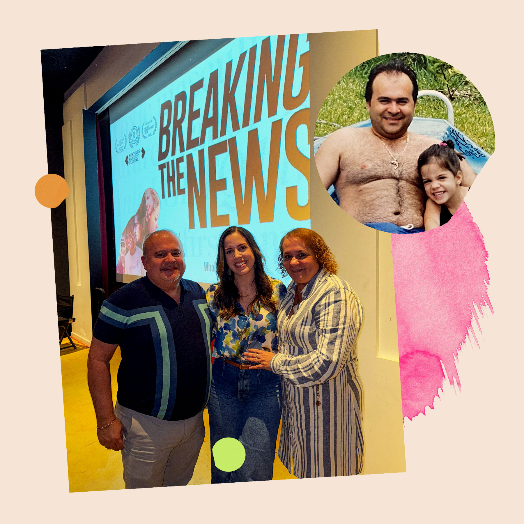 A photo collage of The 19th's economy and childcare reporter, Chabeli Carranza standing with her parents in front of a documentary screen. There is an inset photo of Chabeli as a young girl with her dad in a pool.