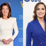 Diptych featuring Norah O’Donnell wearing a white dress on the left and Margaret Brennan wearing a blue blazer on the right.