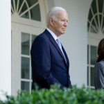 President Joe Biden and Vice President Kamala Harris are seen in he Rose Garden of the White House in Washington, D.C.