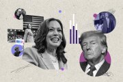 A collage featuring Kamala Harris and Donald Trump prominently in the center. Kamala Harris is smiling, wearing a suit, with her head slightly tilted. To her right, Donald Trump is looking forward with a serious expression, wearing a suit and tie. There are abstract graphic elements, such as circles, lines, and bar charts in purple and white, scattered throughout the composition on a textured beige background.