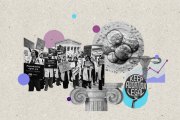 A collage featuring reproductive rights images that include: protestors dressed in lab coats, a blastocyst, a column and protesting signage that says. 