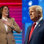 Diptych of Kamala Harris and Donald Trump at two different events.