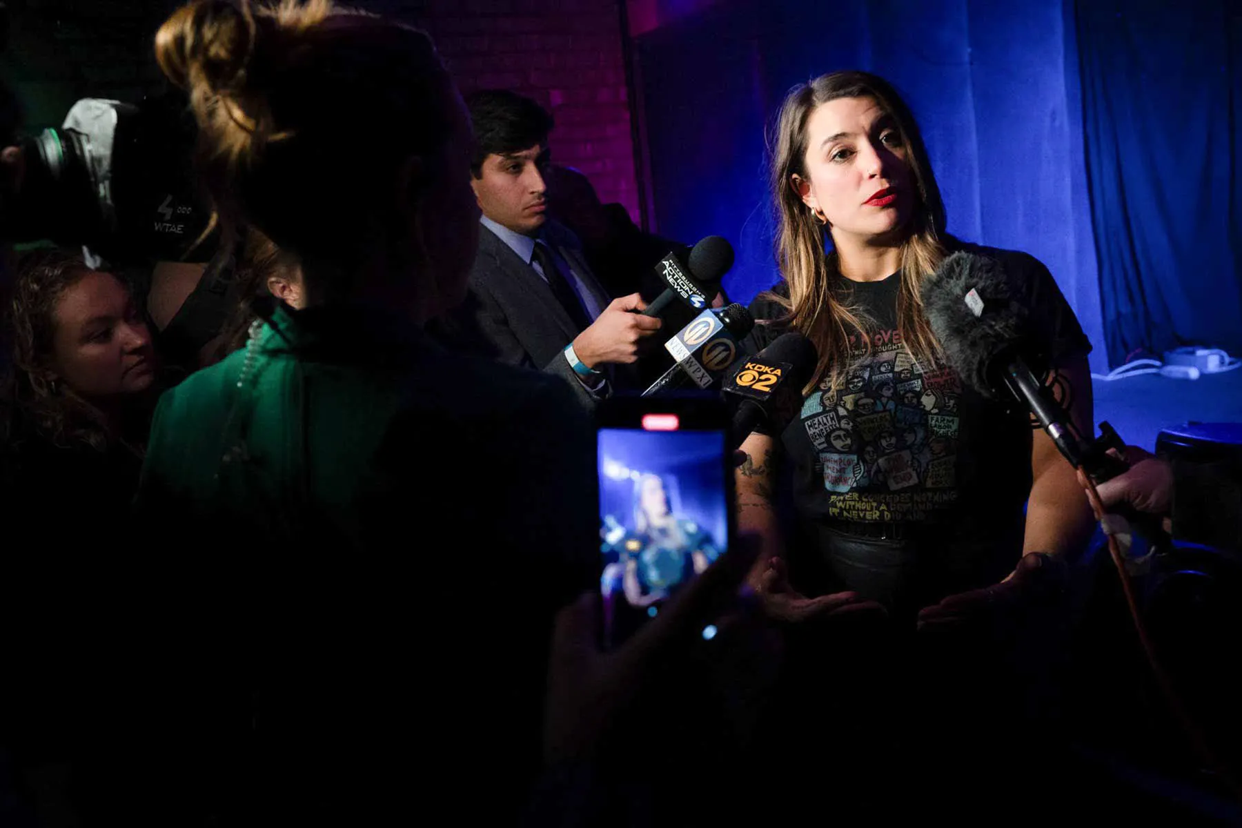 Sara Innamorato, then Allegheny County executive-elect, takes questions from reporters following her acceptance speech for the role.