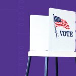 An image of a white voting booth with a purple background.