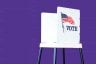 An image of a white voting booth with a purple background.