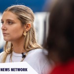 Activist Hadley Duvall, 22, attends a press conference during a Harris-Walz 'Fighting for Reproductive Freedom' campaign event at the Pennsylvania State Capitol.