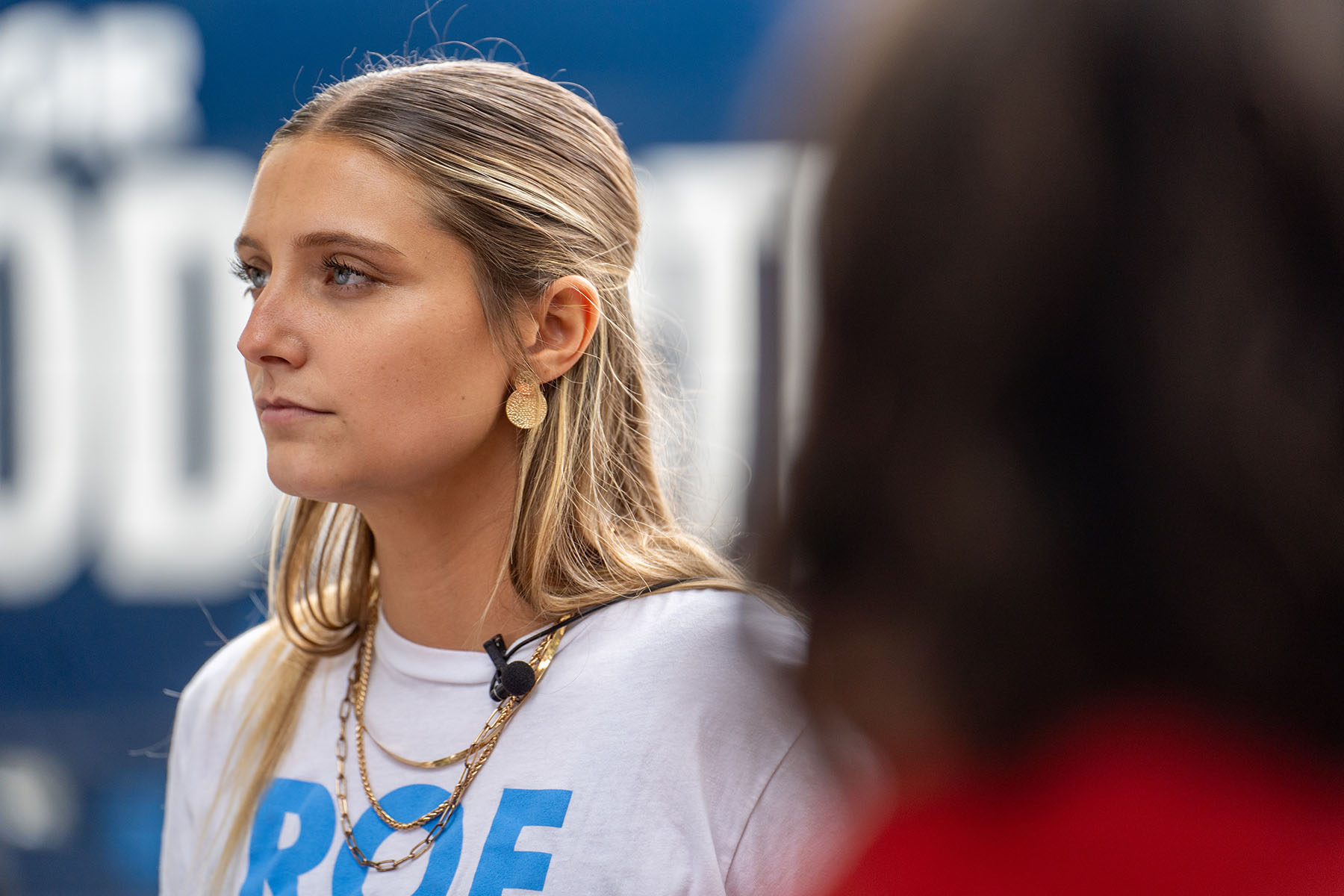 Activist Hadley Duvall, 22, attends a press conference during a Harris-Walz 'Fighting for Reproductive Freedom' campaign event at the Pennsylvania State Capitol.