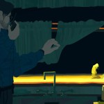 An illustration shows a police officer standing inside of a dark, blue and green kitchen holding a walkie-talkie while looking outside the window. Outside the window, a woman is kneeling, with bright yellow light on her as she looks at a small grave.