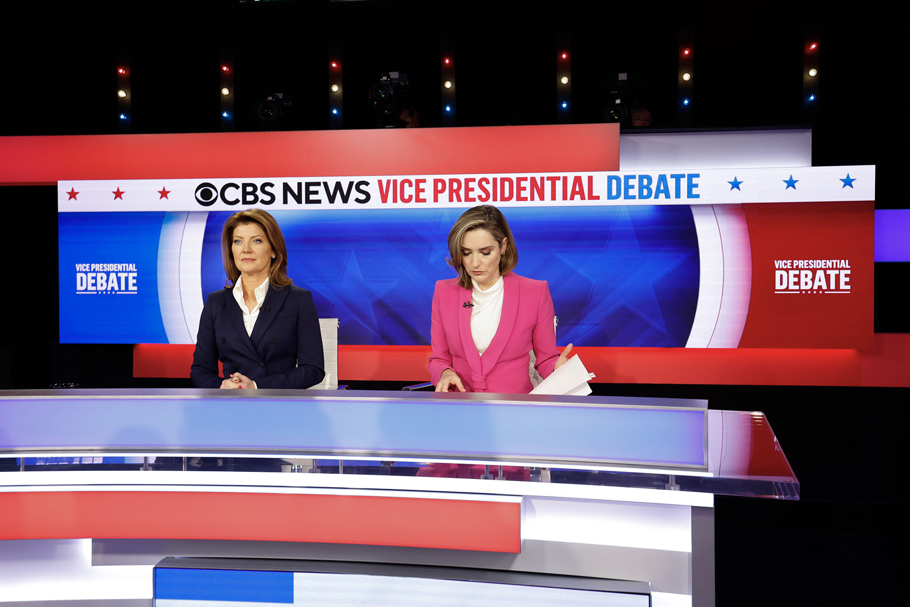 CBS News anchors Norah O’Donnell (L) and Margaret Brennan moderate the debate between JD Vance And Tim Walz at the CBS Broadcast Center.