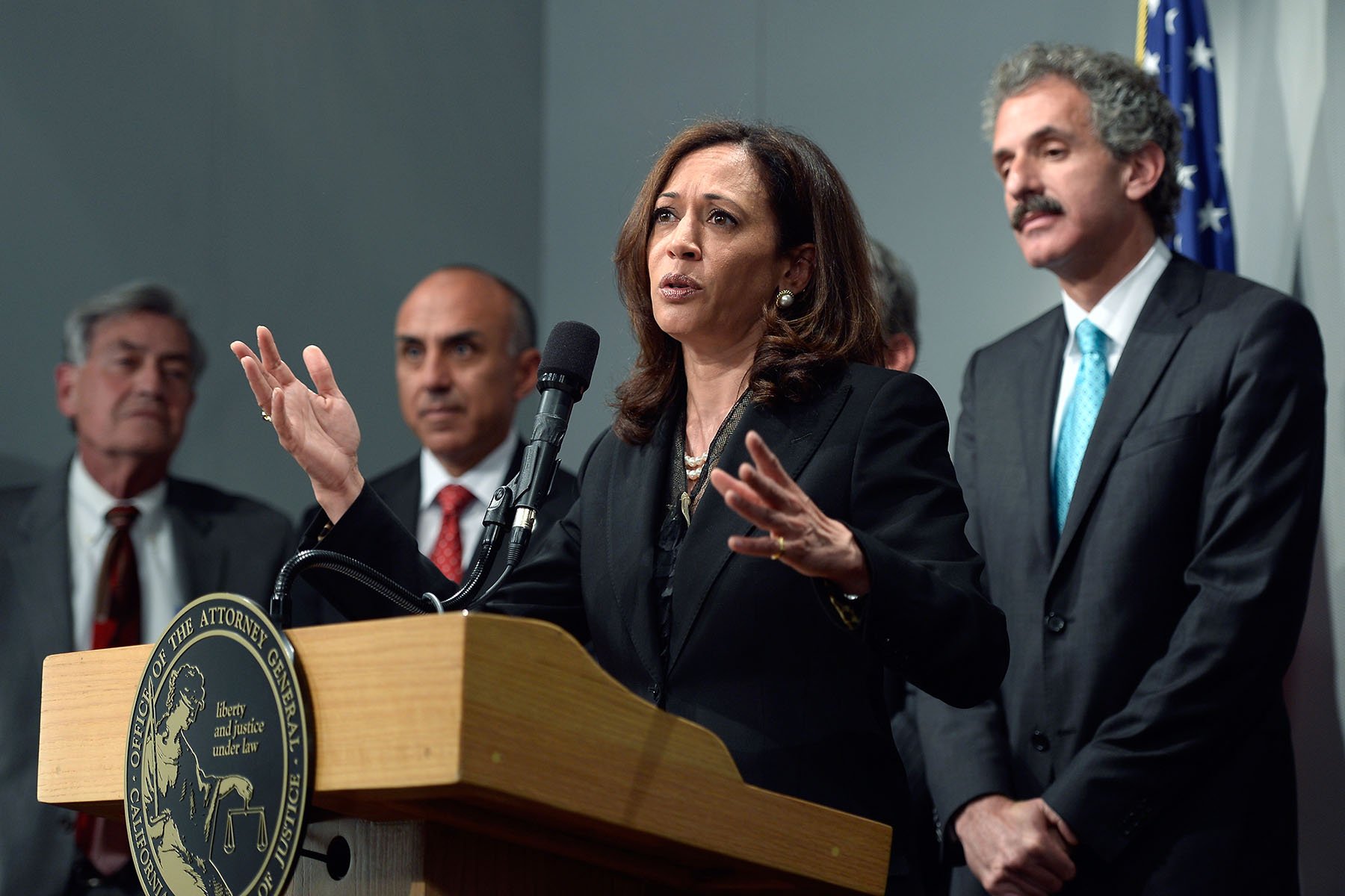 Harris speaks at a news conference on May 17, 2013 at the Los Angeles Civic Center in Los Angeles, California.