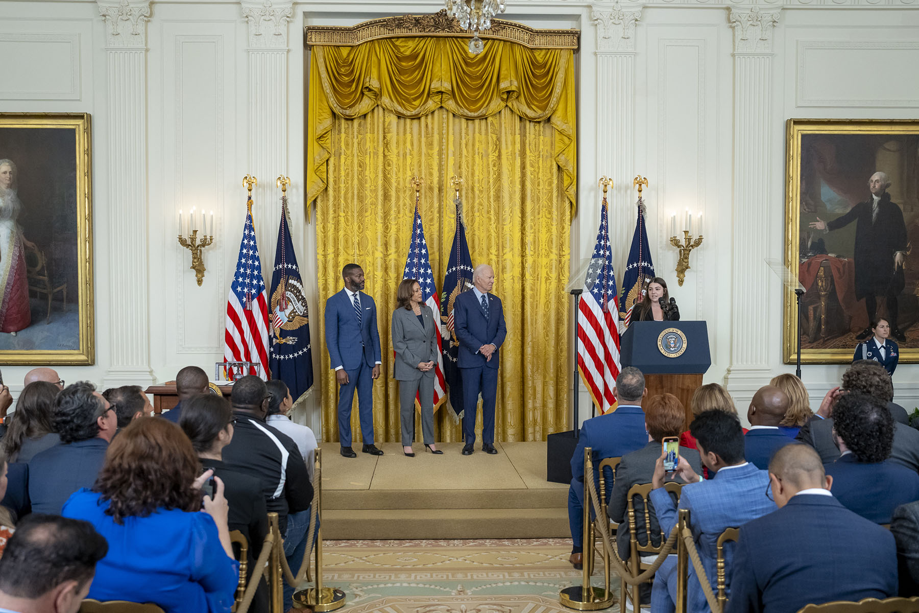 Sari Kaufman introduces Vice President Kamala Harris at an Executive Order signing on gun violence in the White House's East Room.