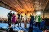 From left, Michigan Lt. Gov. Garlin Gilchrist, Michigan Gov. Gretchen Whitmer, Minnesota Gov. Tim Walz, Vice President Kamala Harris, Sen. Debbie Stabenow, and Rep. Elissa Slotkin greet the crowd during a campaign event.