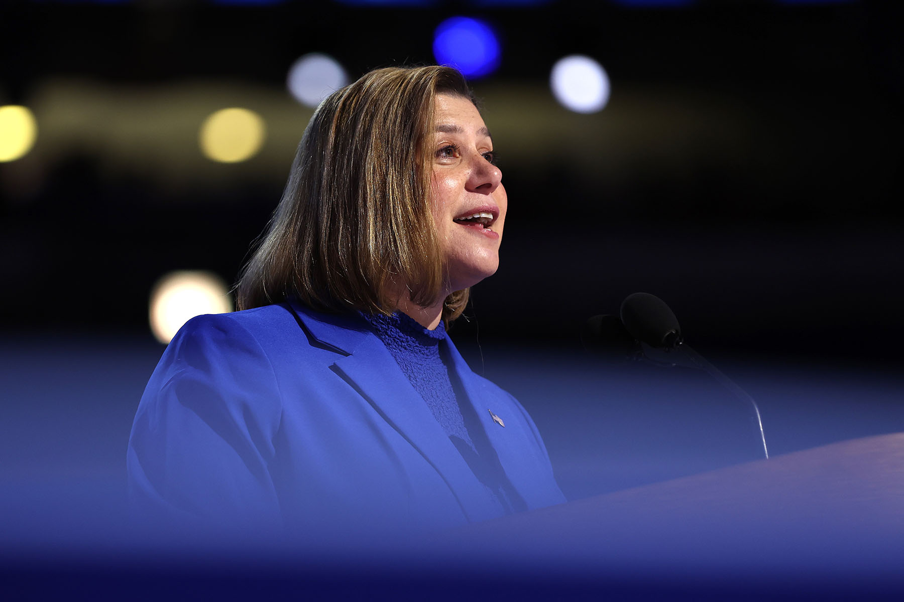 Rep. Elissa Slotkin speaks on stage during the final day of the Democratic National Convention in Chicago, Illinois.