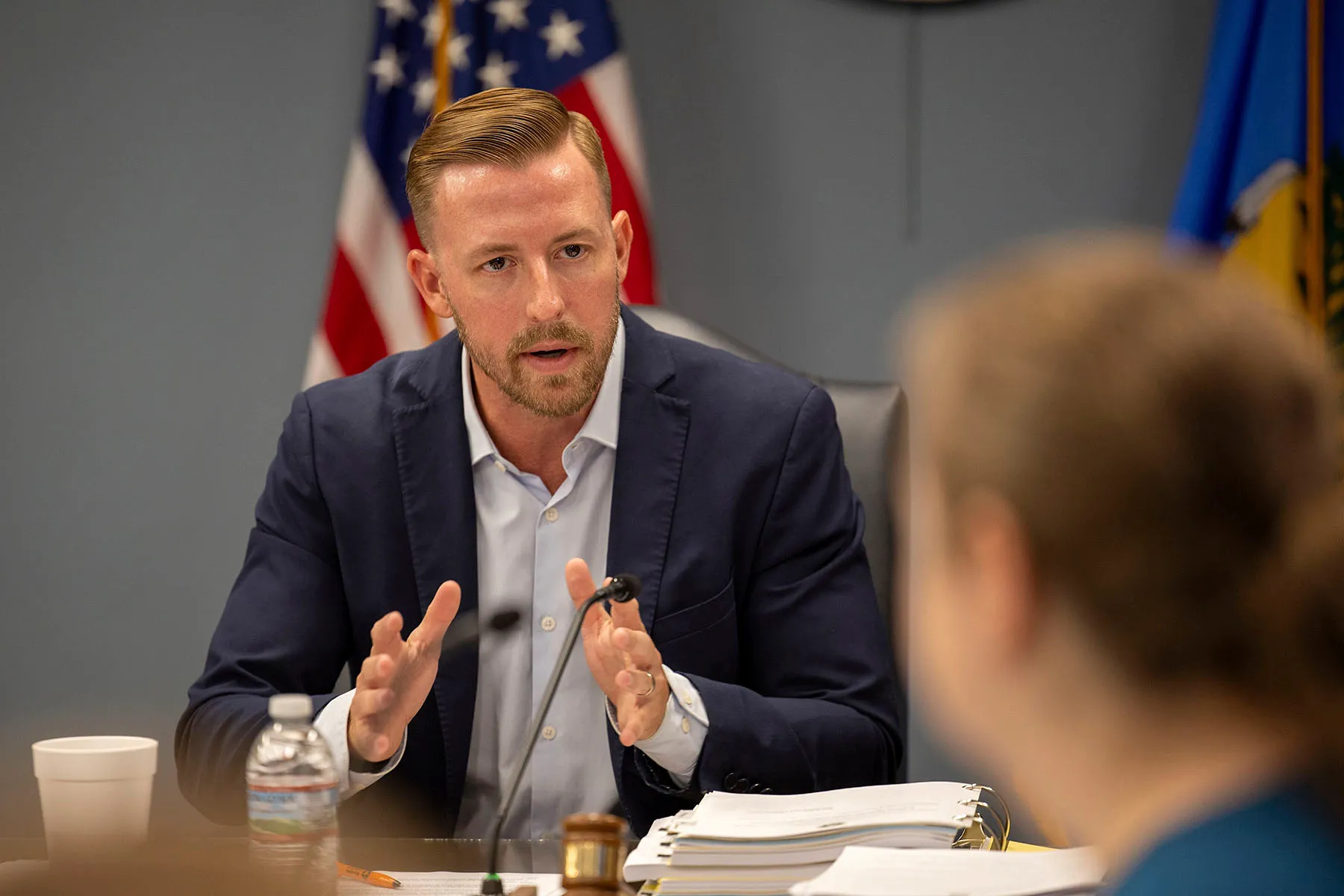 Oklahoma State Superintendent Ryan Walters speaks to members of the State Board of Education during a meeting.