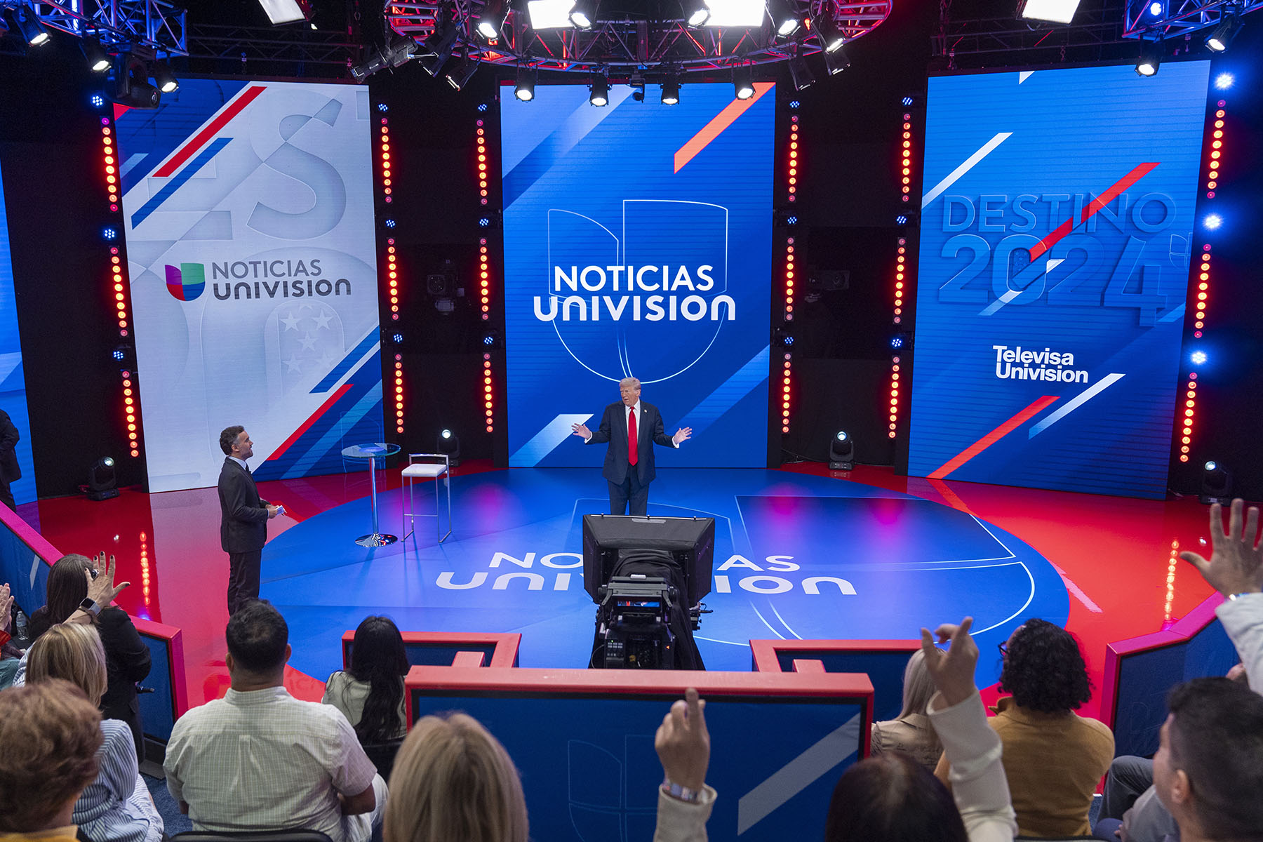 Former President Donald Trump speaks during a commercial break during a Univision town hall.