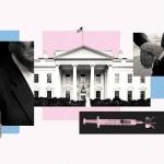 An illustrative blue and pink image depicting the White House and images pertaining to Donald Trump and LGBTQ+ issues.