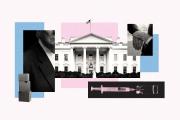 An illustrative blue and pink image depicting the White House and images pertaining to Donald Trump and LGBTQ+ issues.