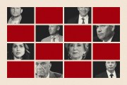 Black-and-white portraits of individuals associated with Donald Trump's cabinet are arranged in a grid, interspersed with bold red rectangles.