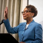 Supreme Court Justice-elect Pamela Goodwine addresses supporters on election night at her watch party