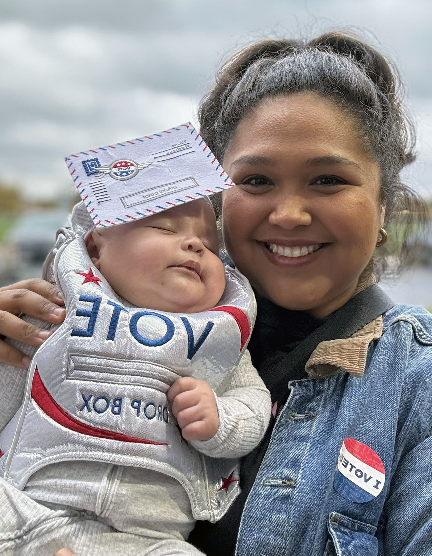 Eleanor Grano dressed her 2-month-old son, Edward, as a ballot box to go cast her vote in Chicago.