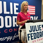 Julie Fedorchak speaks to reporters at her campaign office in Bismarck, North Dakota.