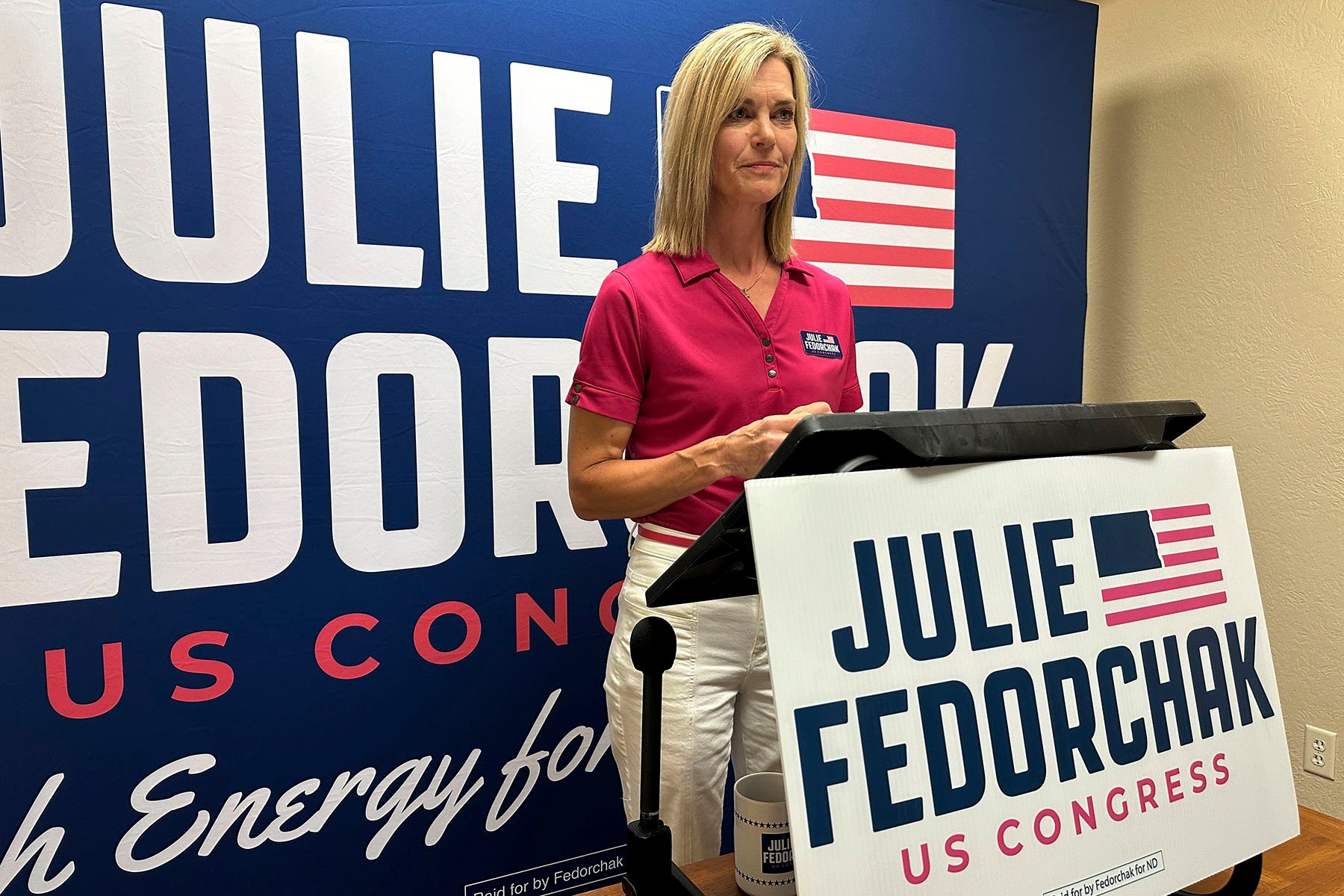 Julie Fedorchak speaks to reporters at her campaign office in Bismarck, North Dakota.