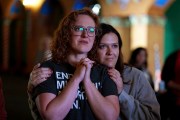 People react after an abortion rights amendment to the Missouri constitution passed on November 5, 2024, at a watch party in Kansas City, Missouri.