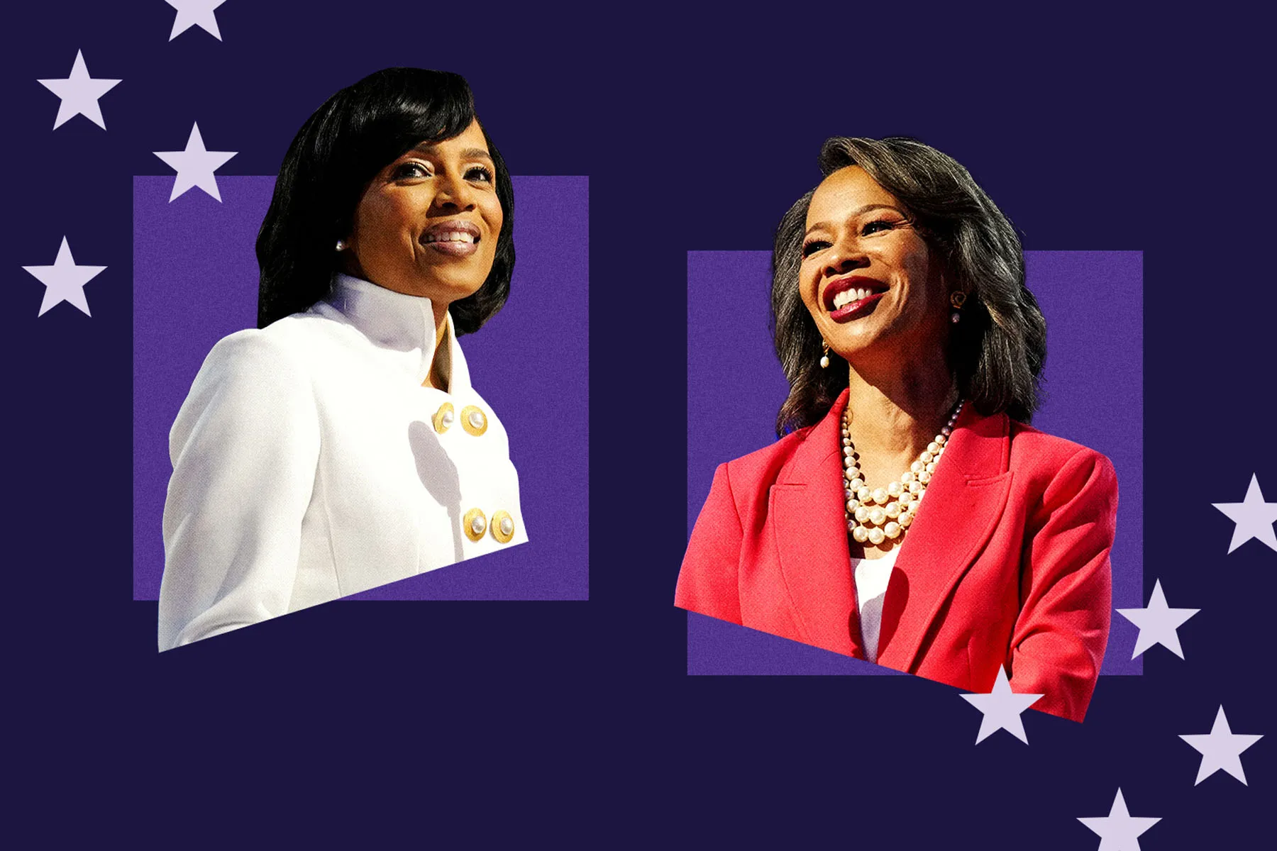 Photo-collage of Angela Alsobrooks (right) and Lisa Blunt Rochester (left) on a purple background.