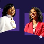 Photo-collage of Angela Alsobrooks (right) and Lisa Blunt Rochester (left) on a purple background.