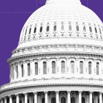 Photocollage of the Capitol dome on a purple background.