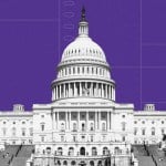 Photocollage of the U.S. Capitol on a purple background.