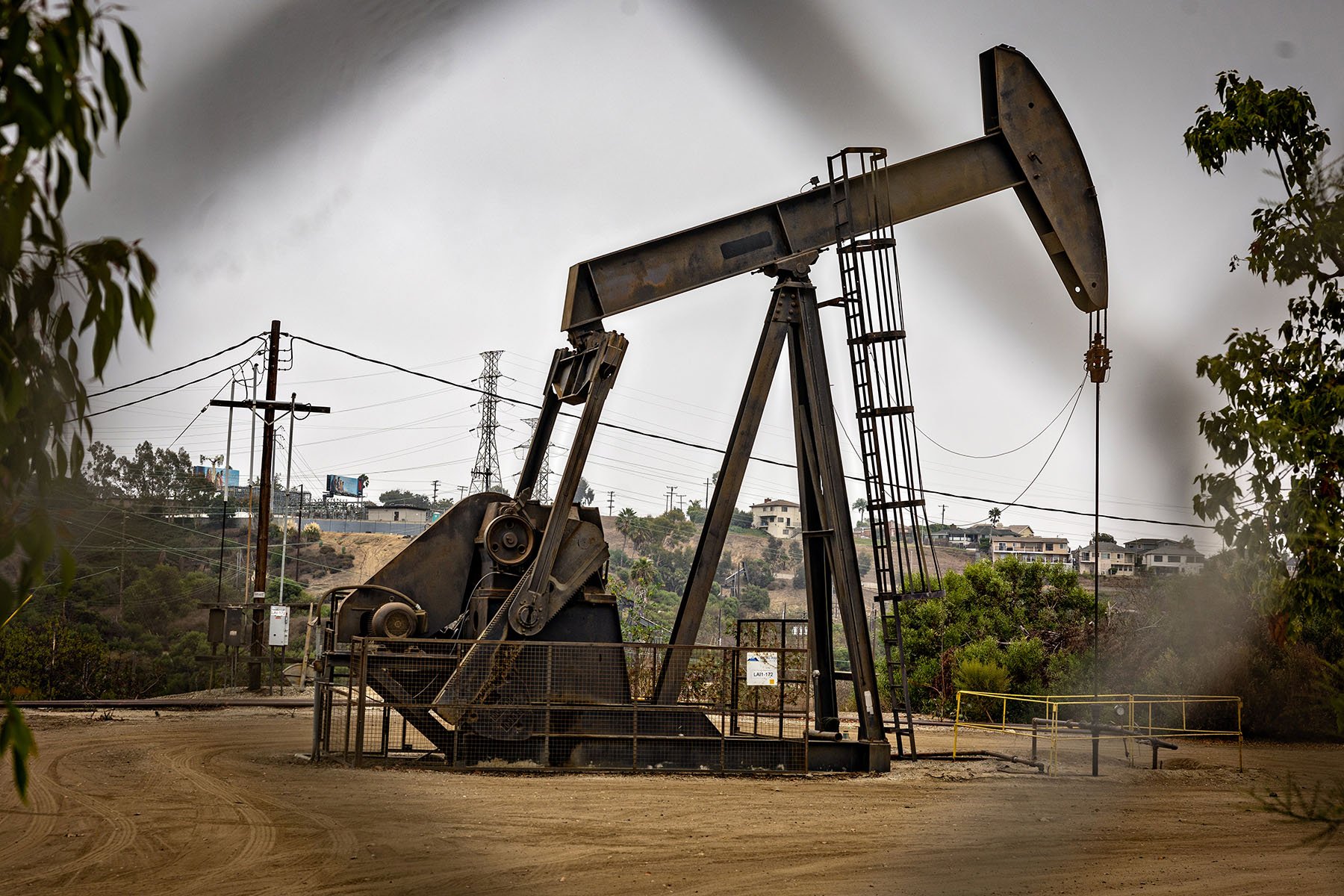 Homes sit in the shadow of the Inglewood Oil Field in Los Angeles.