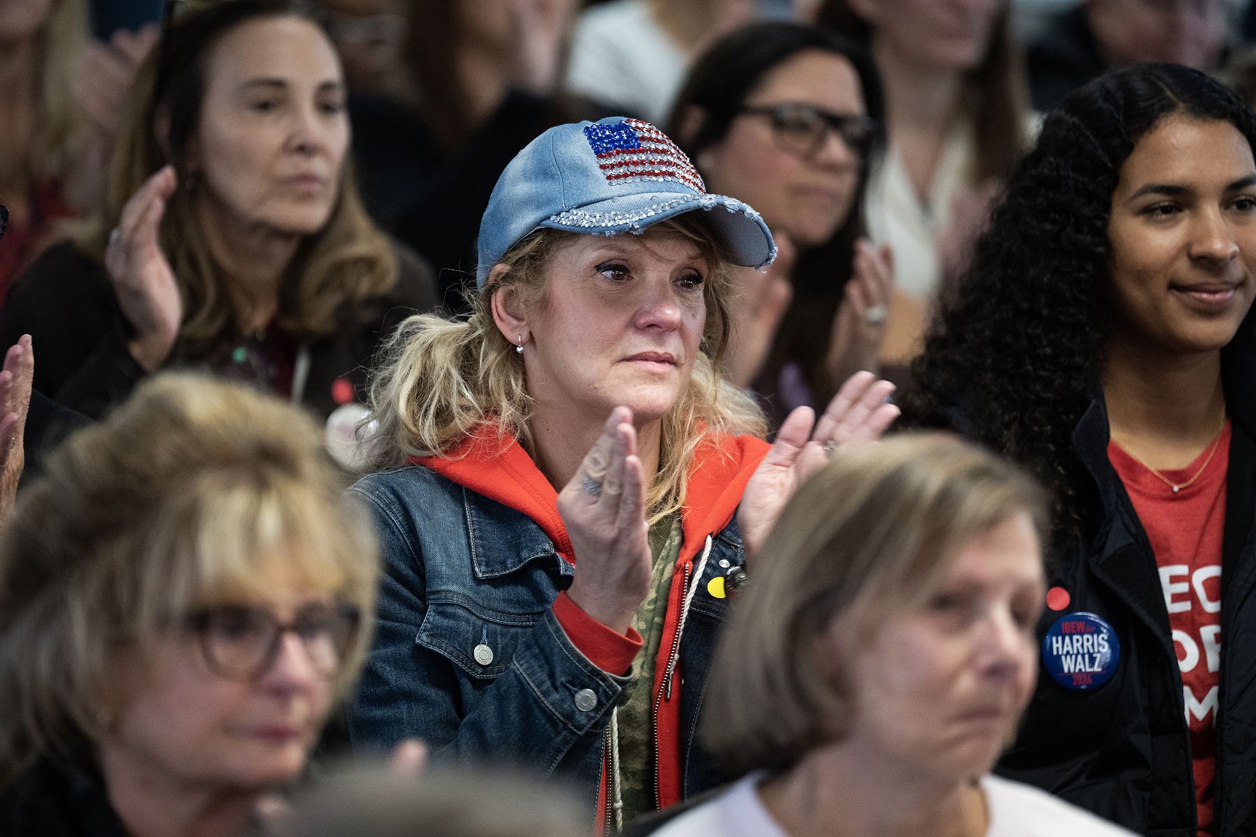 Guests listen to Rep. Elissa Slotkin during an event to discuss threats to women's reproductive rights in Rochester, Michigan.