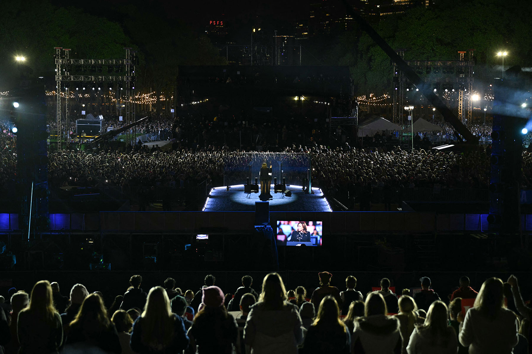 Vice President Kamala Harris speaks during a campaign rally on the Benjamin Franklin Parkway in Philadelphia, Pennsylvania.