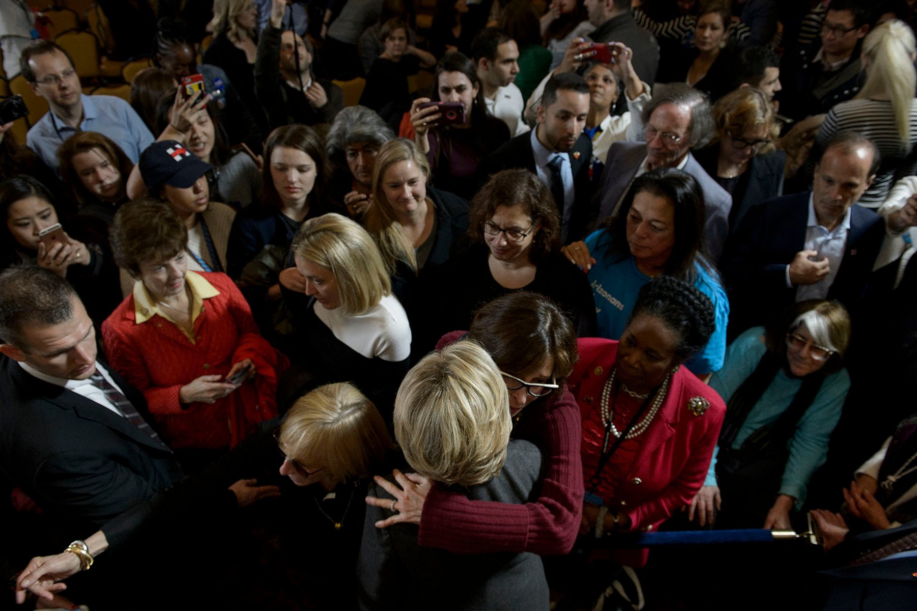 Former Democratic Presidential candidate Hillary Clinton greets staff and supporters in November 9, 2016 after her defeat in the presidential election.