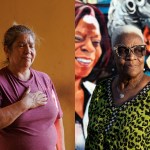 Side-by-side portraits of two women. On the left, a woman with gray hair tied back, wearing a maroon top, closes her eyes and places her hand on her chest. On the right, a woman with short white hair and animal-print glasses stands in front of a mural, dressed in a green and black leopard-print blouse, looking thoughtfully into the distance.