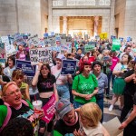 Protesters chant against a 12-week abortion ban at the Nebraska state Capitol.