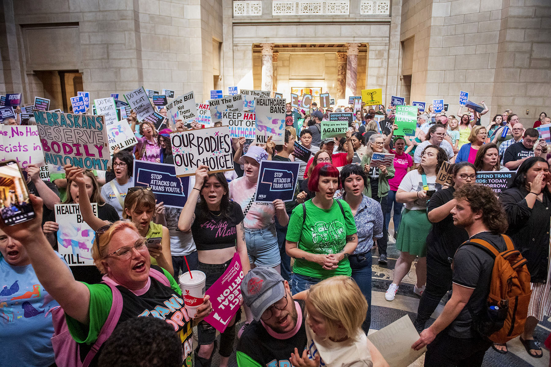 Protesters chant against a 12-week abortion ban at the Nebraska state Capitol.