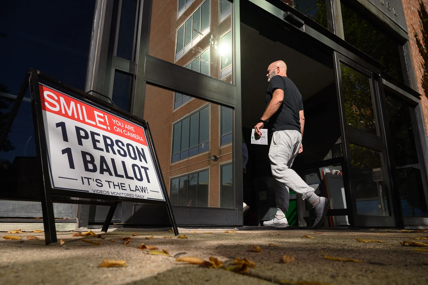 A voter enters the Bucks County Administration building voting on demand and ballot drop center in Doylestown, Pennsylvania.