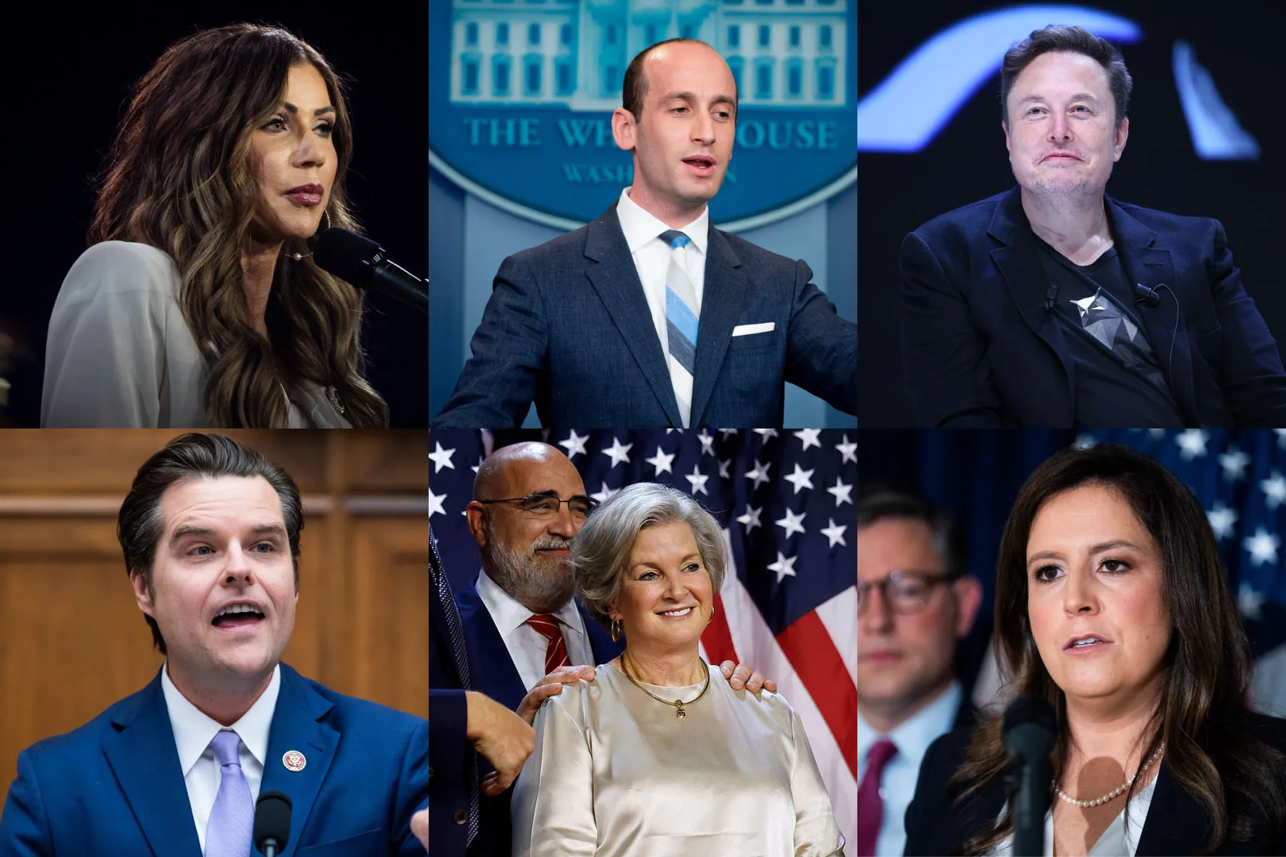 From left to right, top to bottom: Gov. Kristi Noem, Stephen Miller, Elon Musk, Rep. Matt Gaetz, Susie Wiles, and Elise Stefanik.