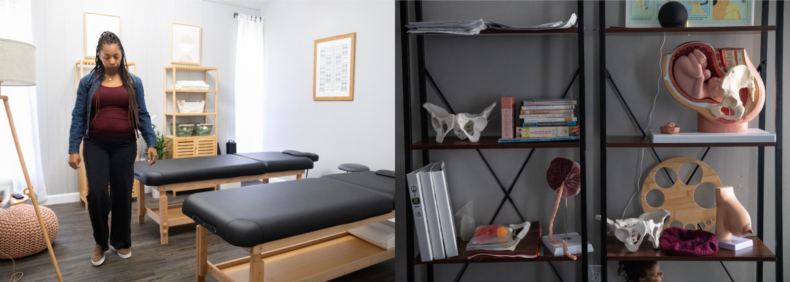 A collage of two images: Bowens walks through the Naturally Nurtured Birth Services office on the left. On the right, books, folders and anatomical models are seen on a shelf.